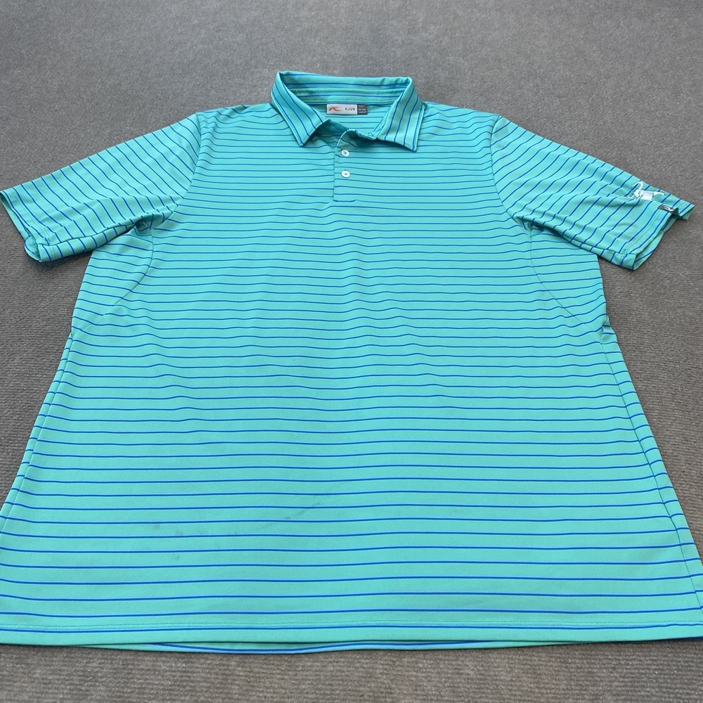 KJUS Polo Golf Shirt‎ Mens 2XL 56 Blue Green Striped UPF 30+ Bull Steer Logo